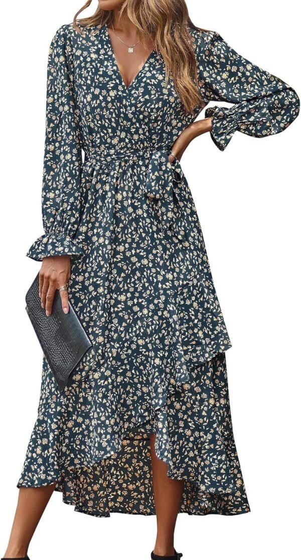 Connecteri  Women Long Sleeve Wrap Maxi Dress V Neck Boho Floral High Waist Flowy Ruffle 2024 Spring Summer Dresses with Belt