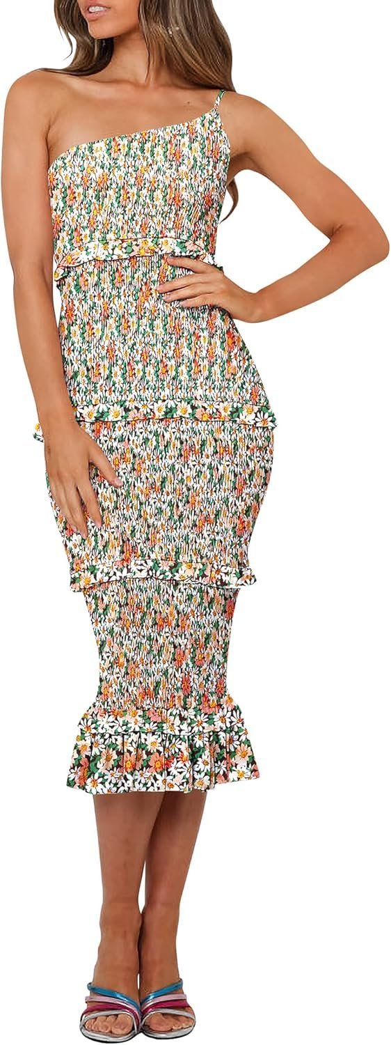 Connecteri  Womens Floral Summer One Shoulder Strappy Tiered Ruffle Midi Bodycon Dresses