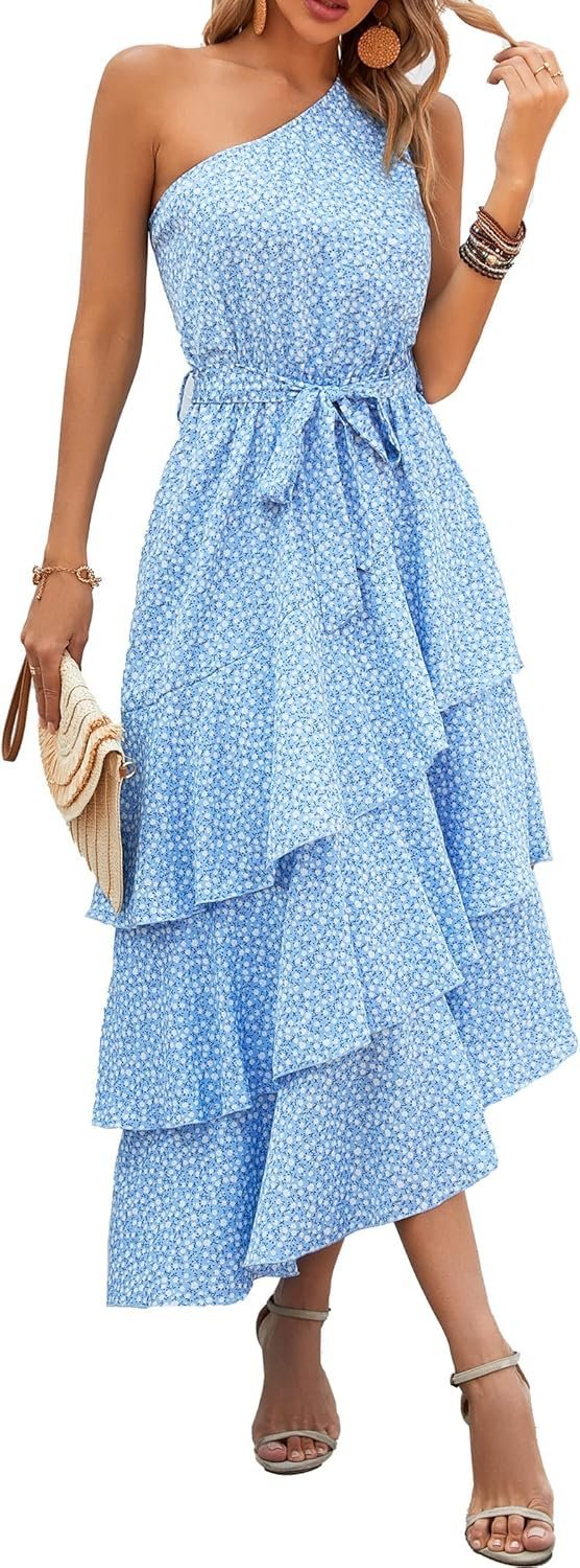 Connecteri?Womens Summer Floral One Shoulder Tiered Ruffle Flowy Midi Beach Boho Dress