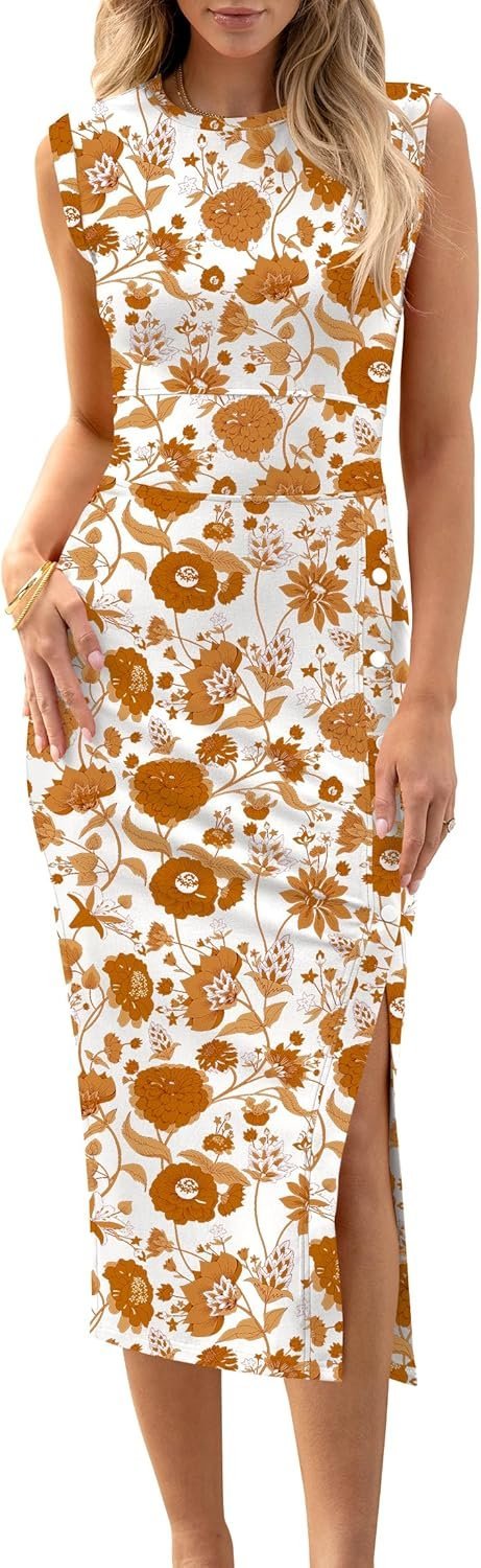 Connecteri  Womens Summer Sleeveless Bodycon Midi Dress Button Slit 2024 Fashion Casual Sundress Cocktail Party Dresses