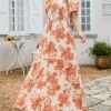 Connecteri Women's 2024 Summer Casual Floral Print Short Flutter Sleeve Crew Neck Smocked High Waist Flowy Maxi Dress
