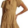 Connecteri  Womens 2024 Summer Short Dress V Neck Short Sleeve A Line Hollow Out Lace Ruffle Cute Casual Beach Party Dresses