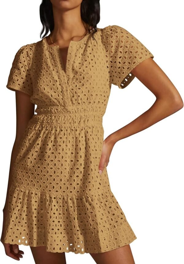 Connecteri  Womens 2024 Summer Short Dress V Neck Short Sleeve A Line Hollow Out Lace Ruffle Cute Casual Beach Party Dresses