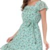 Connecteri  K Women's Floral Chiffon Flutter Sleeve Belted Square Neck Ruffled Hem Dress