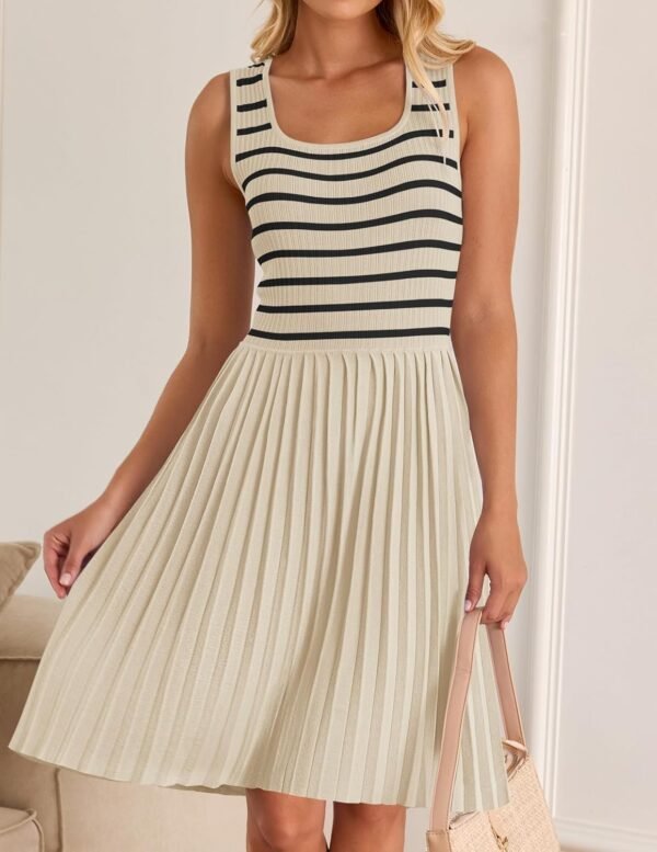 Connecteri Women's Summer Sleeveless Mini Dress 2024 Square Neck Striped Knit A Line Pleated Tank Dresses