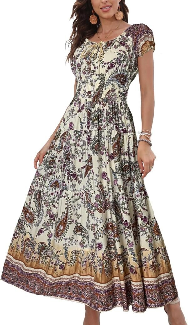 Connecteri  Women's 2024 Summer Short Sleeves Boho Floral Print Tiered Casual Flowy Long Maxi Dress
