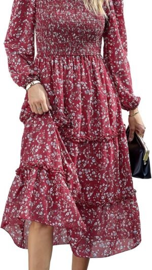 Connecteri  Women 2024 Fall Dress Floral Boho Dress Casual Long Sleeve Crew Neck Ruffle A-Line Flowy Wedding Guest Maxi Dresses