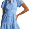 Connecteri  Womens 2024 Summer Short Dress V Neck Short Sleeve A Line Hollow Out Lace Ruffle Cute Casual Beach Party Dresses