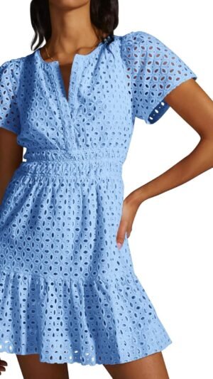 Connecteri  Womens 2024 Summer Short Dress V Neck Short Sleeve A Line Hollow Out Lace Ruffle Cute Casual Beach Party Dresses