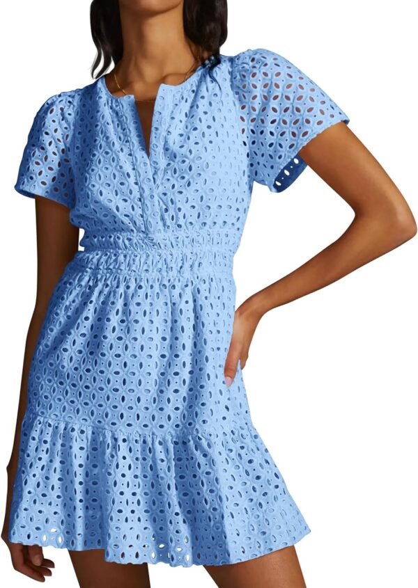Connecteri  Womens 2024 Summer Short Dress V Neck Short Sleeve A Line Hollow Out Lace Ruffle Cute Casual Beach Party Dresses
