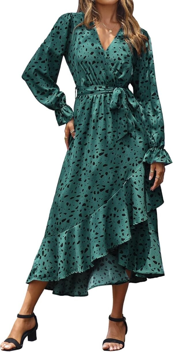 Connecteri  Women Long Sleeve Wrap Maxi Dress V Neck Boho Floral High Waist Flowy Ruffle 2024 Spring Summer Dresses with Belt