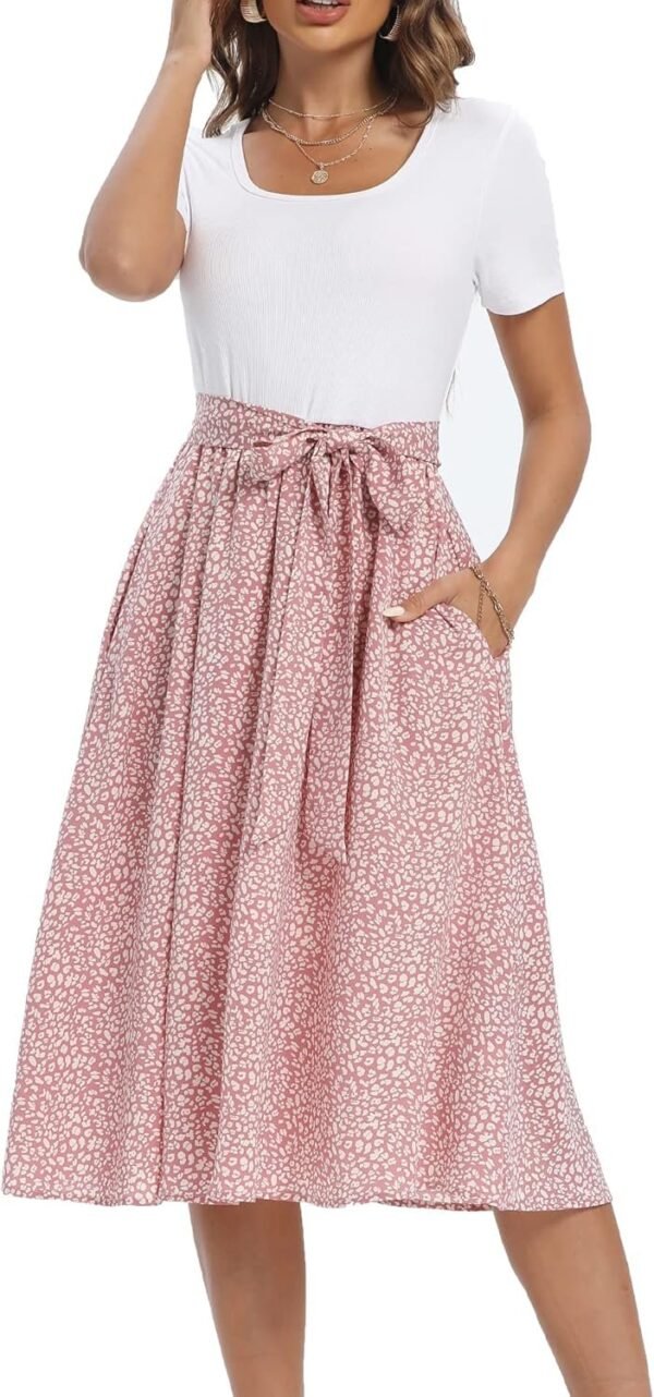 Connecteri  Summer Dresses for Women 2024 Short Sleeve Elastic Waist Casual Dresses Ribbed Floral Work Midi Dress with Pockets