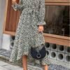 Connecteri  Women Long Sleeve Wrap Maxi Dress V Neck Boho Floral High Waist Flowy Ruffle 2024 Spring Summer Dresses with Belt