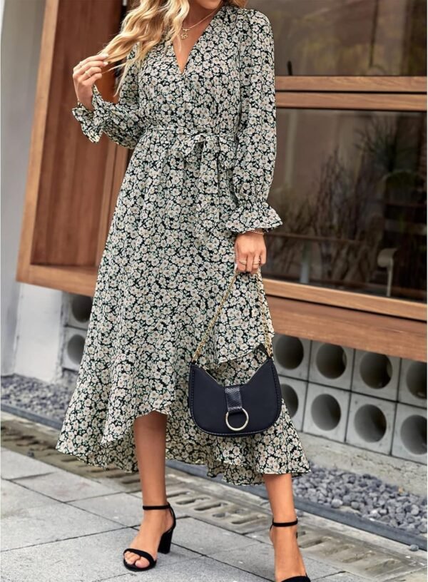 Connecteri  Women Long Sleeve Wrap Maxi Dress V Neck Boho Floral High Waist Flowy Ruffle 2024 Spring Summer Dresses with Belt