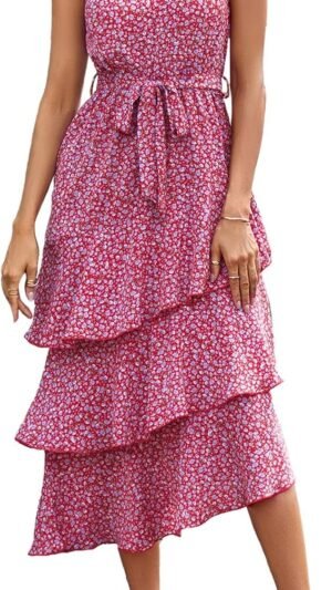 Connecteri?Womens Summer Floral One Shoulder Tiered Ruffle Flowy Midi Beach Boho Dress