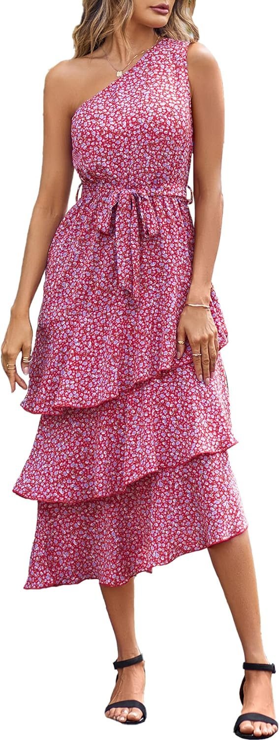 Connecteri?Womens Summer Floral One Shoulder Tiered Ruffle Flowy Midi Beach Boho Dress