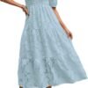 Connecteri  Women's 2024 Summer Puff Sleeve Smocked Floral Dress Crewneck Lace Flowy Tiered Midi Dresses