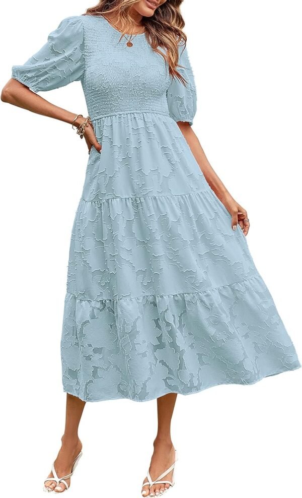 Connecteri  Women's 2024 Summer Puff Sleeve Smocked Floral Dress Crewneck Lace Flowy Tiered Midi Dresses