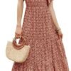 Connecteri Women's 2024 Summer Casual Floral Print Short Flutter Sleeve Crew Neck Smocked High Waist Flowy Maxi Dress