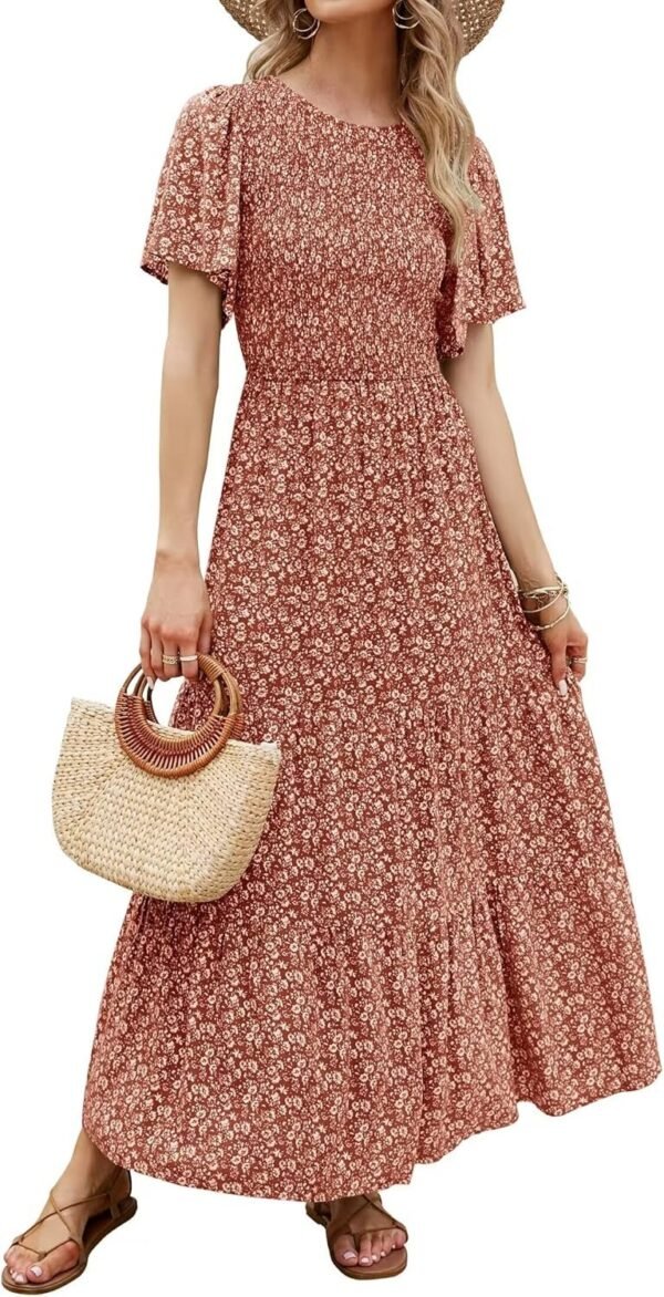 Connecteri Women's 2024 Summer Casual Floral Print Short Flutter Sleeve Crew Neck Smocked High Waist Flowy Maxi Dress