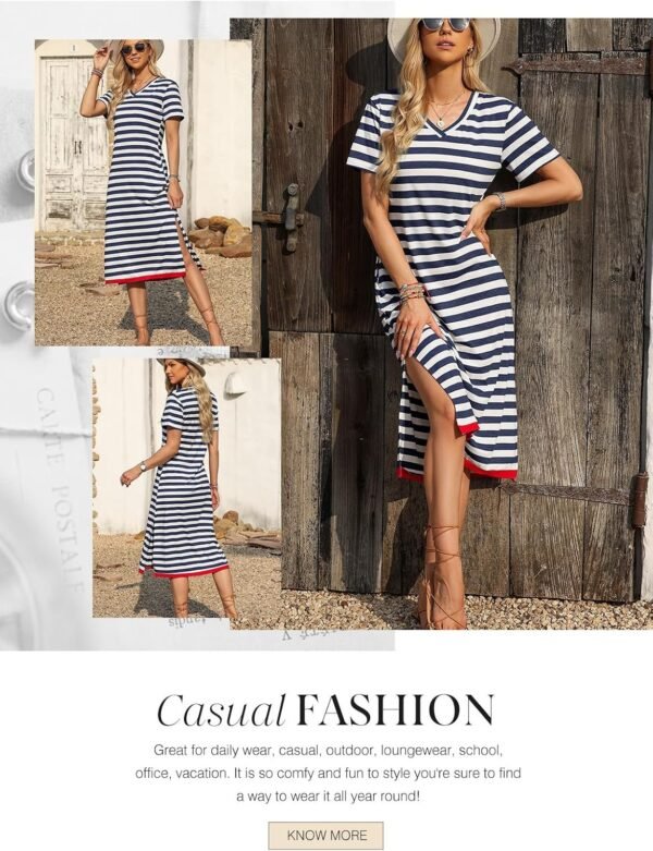 Connecteri  Summer Dress Casual Womens Fashion Short Sleeve Maxi Dress T Shirt Dress Striped Long Color Block Maxi Dress