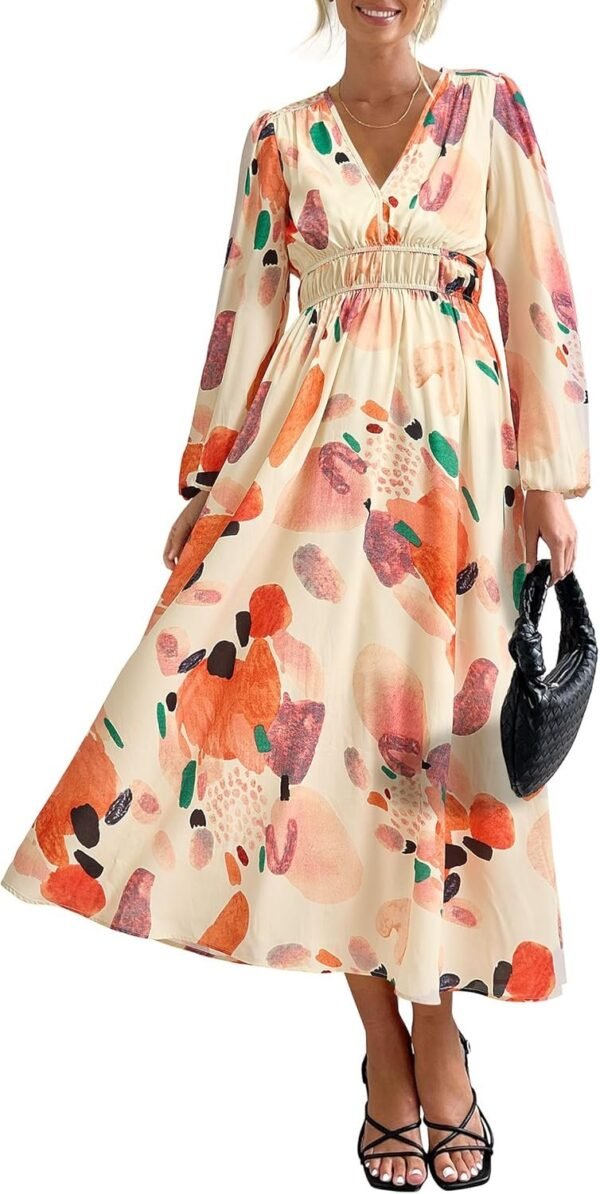 Connecteri  Women's 2024 Fall Boho Maxi Dress Casual Long Sleeve V Neck Printed Beach Long Flowy Dresses