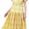 Connecteri  Women's Short Sleeve V-Neck 3/4 Sleeve Button Up Chiffon Floral Pleated Midi Swing Dress with Belt