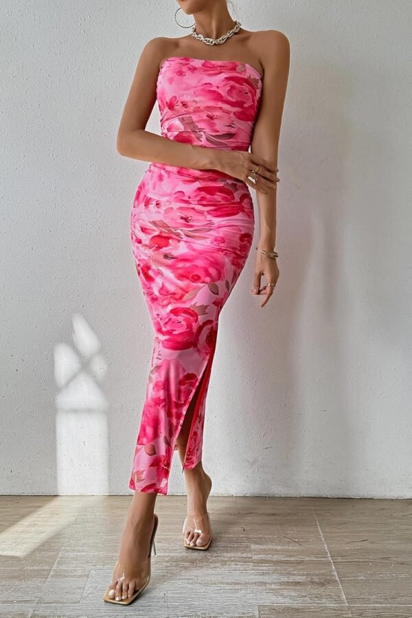 Connecteri  Women's Summer Maxi Bodycon Dresses Strapless Tube Top Printed Long Party Club Slit Dress