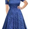 Connecteri  Women's Vintage Floral Lace Short Sleeve Boat Neck Cocktail Party Swing Dress
