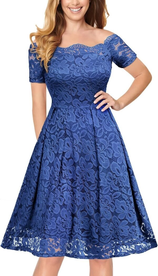 Connecteri  Women's Vintage Floral Lace Short Sleeve Boat Neck Cocktail Party Swing Dress