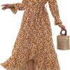 Connecteri  Women Long Sleeve Wrap Maxi Dress V Neck Boho Floral High Waist Flowy Ruffle 2024 Spring Summer Dresses with Belt