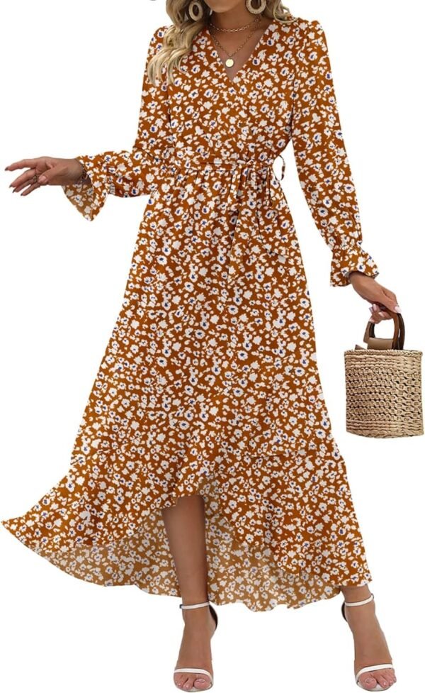 Connecteri  Women Long Sleeve Wrap Maxi Dress V Neck Boho Floral High Waist Flowy Ruffle 2024 Spring Summer Dresses with Belt