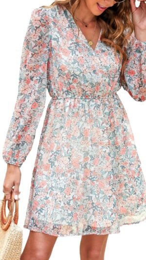 Connecteri  Women's Floral Print Chiffon A-Line Mini Dress Long Peasant Sleeves