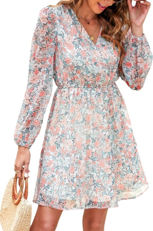 Connecteri  Women's Floral Print Chiffon A-Line Mini Dress Long Peasant Sleeves