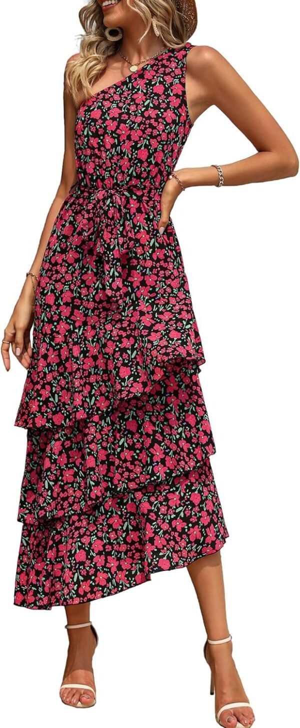 Connecteri?Womens Summer Floral One Shoulder Tiered Ruffle Flowy Midi Beach Boho Dress