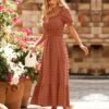 Connecteri  Womens 2024 Puff Short Sleeve Square Neck Swiss Dot Smocked Waist Ruffle Hem Tiered Long Dress