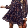 Connecteri  Women's Floral Print Chiffon A-Line Mini Dress Long Peasant Sleeves