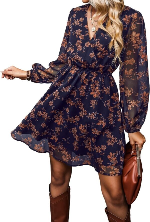 Connecteri  Women's Floral Print Chiffon A-Line Mini Dress Long Peasant Sleeves