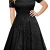 Connecteri  Women's Vintage Floral Lace Short Sleeve Boat Neck Cocktail Party Swing Dress