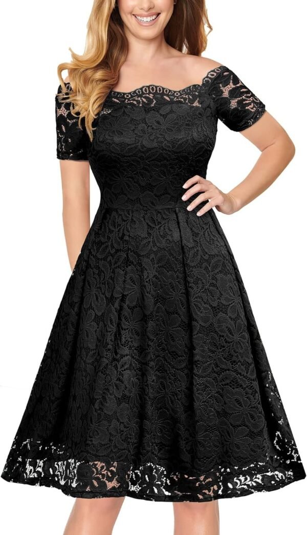 Connecteri  Women's Vintage Floral Lace Short Sleeve Boat Neck Cocktail Party Swing Dress