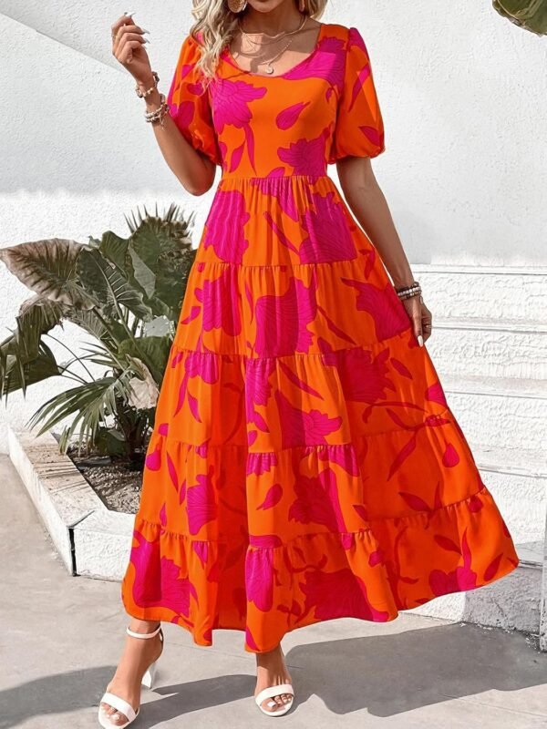 Connecteri  Womens Dresses 2024 Puff Sleeve Floral Casual Summer Dresses Smocked Backless Beach Flowy Tiered Maxi Dress