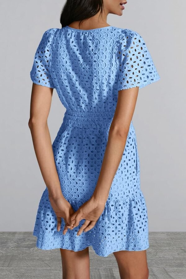 Connecteri  Womens 2024 Summer Short Dress V Neck Short Sleeve A Line Hollow Out Lace Ruffle Cute Casual Beach Party Dresses