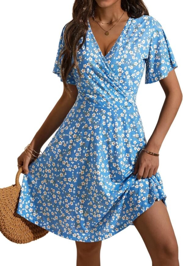 Connecteri  Womens Sundress Summer Floral Short Sleeve Wrap V Neck A-Line Midi Dress