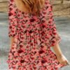 Connecteri  Womens Summer Dresses 2024 Boho Floral Square Neck Smocked 3/4 Sleeve Casual A-Line Swing Mini Babydoll Dress
