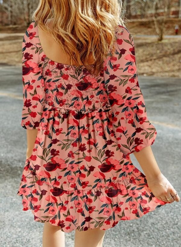 Connecteri  Womens Summer Dresses 2024 Boho Floral Square Neck Smocked 3/4 Sleeve Casual A-Line Swing Mini Babydoll Dress