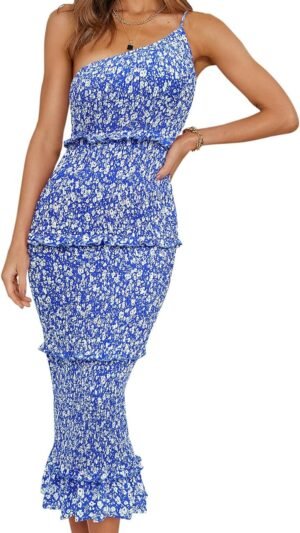 Connecteri  Womens Floral Summer One Shoulder Strappy Tiered Ruffle Midi Bodycon Dresses