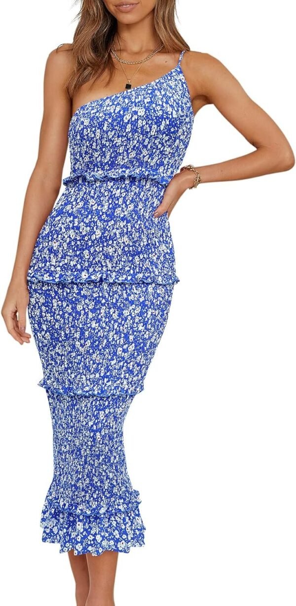 Connecteri  Womens Floral Summer One Shoulder Strappy Tiered Ruffle Midi Bodycon Dresses