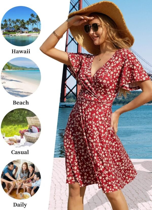 Connecteri  Womens Sundress Summer Floral Short Sleeve Wrap V Neck A-Line Midi Dress
