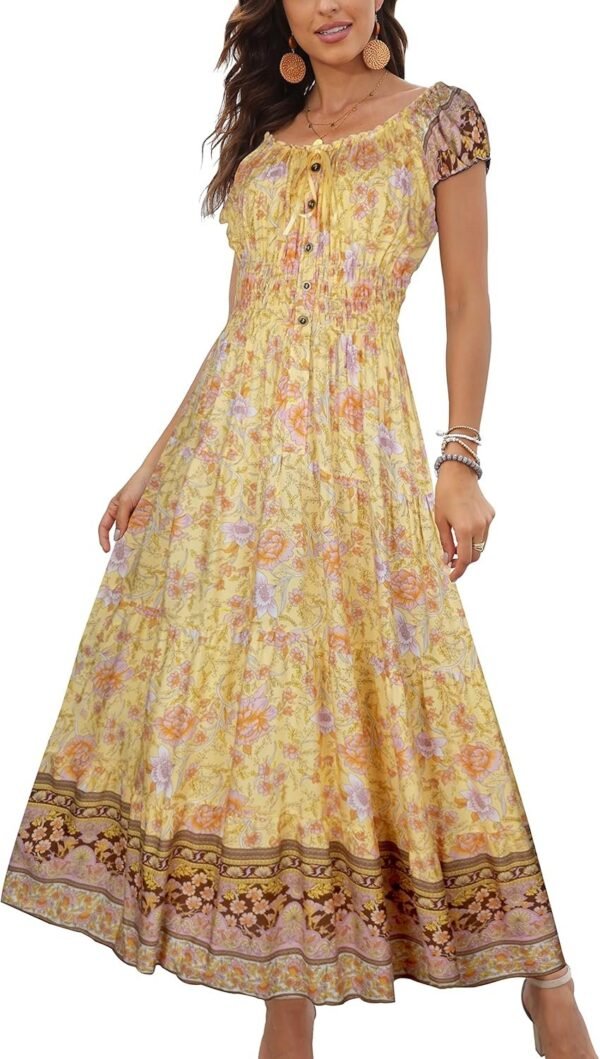Connecteri  Women's 2024 Summer Short Sleeves Boho Floral Print Tiered Casual Flowy Long Maxi Dress