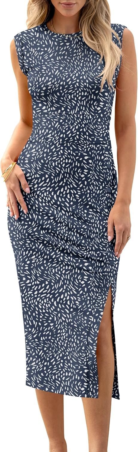 Connecteri  Womens Summer Sleeveless Bodycon Midi Dress Button Slit 2024 Fashion Casual Sundress Cocktail Party Dresses